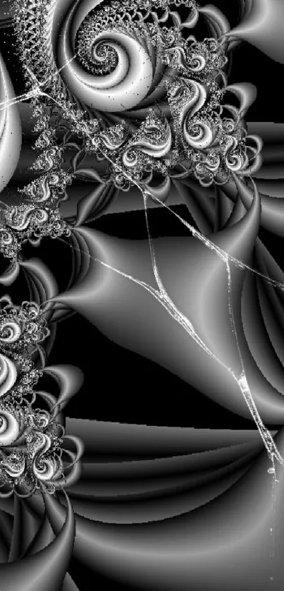 Intricate black and white abstract spiral design wallpaper.