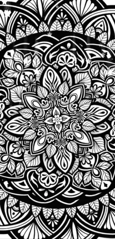 Intricate black and white mandala design with detailed geometric patterns.