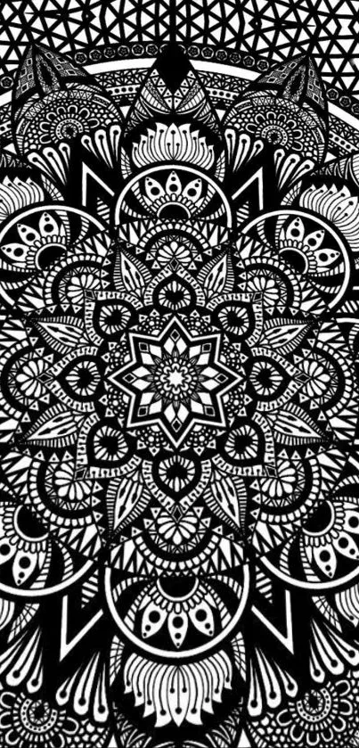 Intricate black and white mandala wallpaper design.