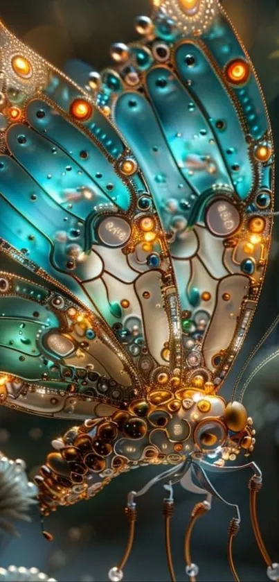Intricate blue butterfly artwork with jewel-like design.