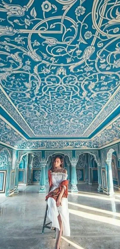 Intricate blue ceiling with ornate patterns and elegant design.