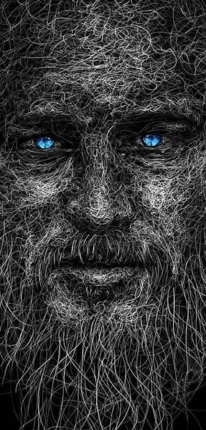 Intricate blue-eyed bearded face artwork in digital design.