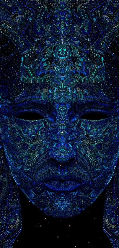 Intricate blue-faced artwork with dark patterns.