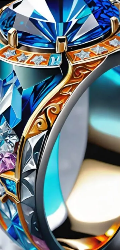 Intricate gold and blue gemstone ring design on wallpaper.