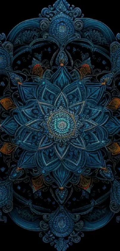 Intricate blue mandala wallpaper with vibrant highlights.