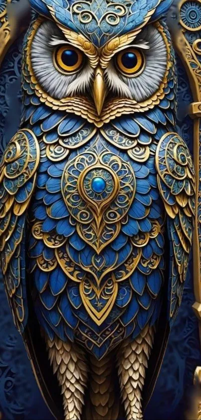 Intricate blue owl with golden details