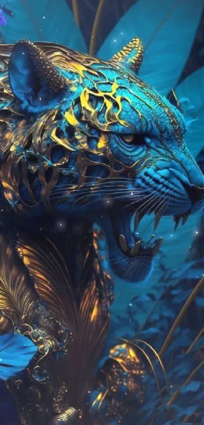 Intricately designed blue and gold tiger in a jungle setting for mobile wallpaper.