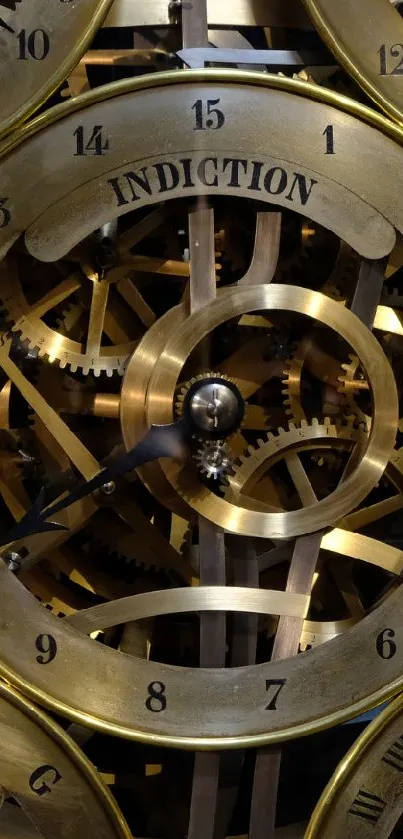 Intricate brass clockwork mechanism with gears in a mobile wallpaper.