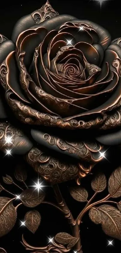 Intricate bronze rose wallpaper with detailed art against a dark background.