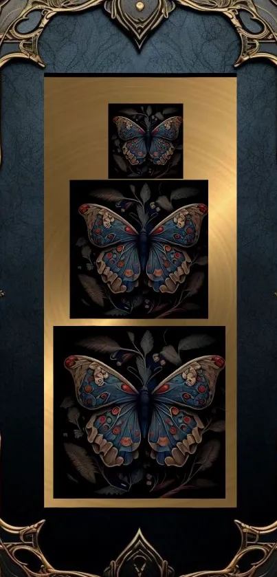 Intricate butterfly art with gold frame.