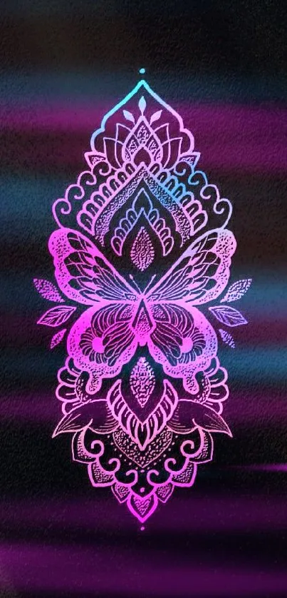 Intricate butterfly mandala wallpaper with vibrant pink and blue colors on a dark background.