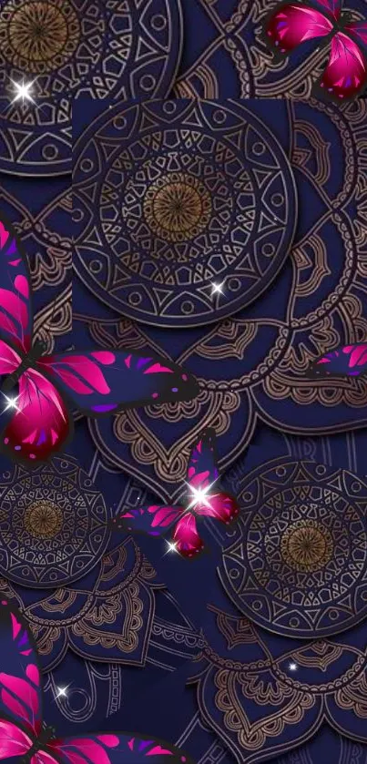 Purple wallpaper with butterflies and mandala patterns.