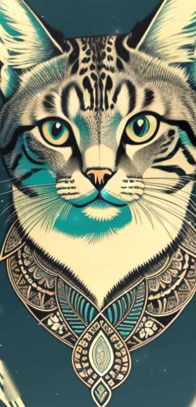 Intricate cat art wallpaper with teal hues.