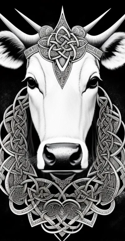 Intricate Celtic bull with mystical black and white design.