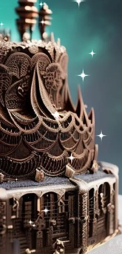 Intricate chocolate cake with teal background.