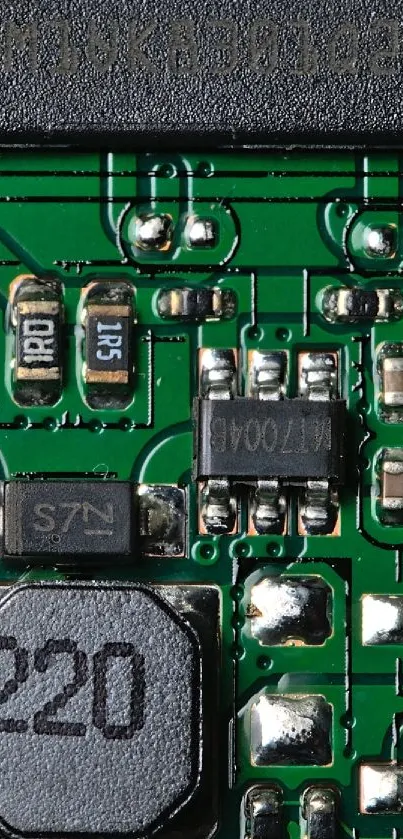 Close-up of green circuit board design, showcasing intricate details.