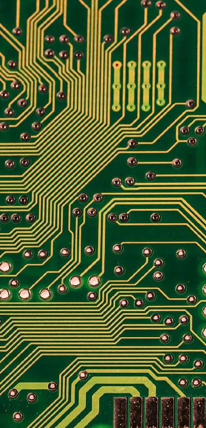 Green circuit board wallpaper with intricate electronic design.