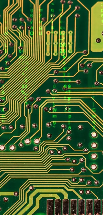 Green circuit board mobile wallpaper with intricate details.