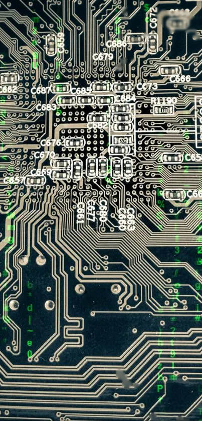 A detailed circuit board design with intricate patterns.