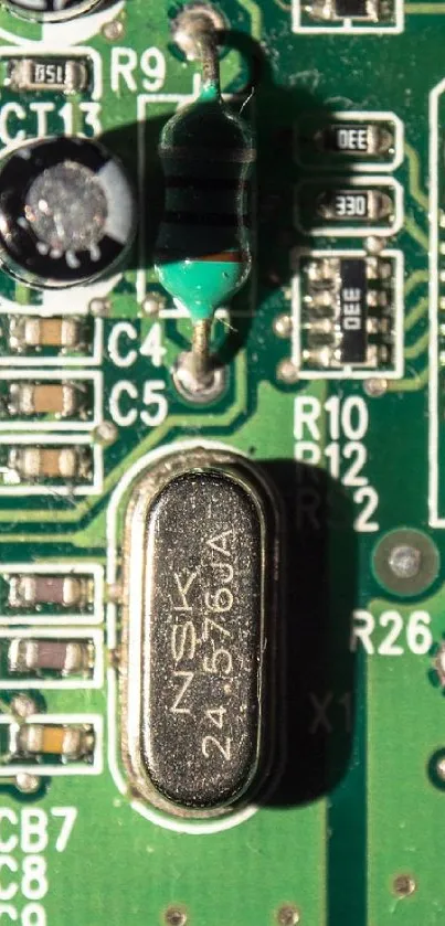 Close-up of a green circuit board with microchip components.