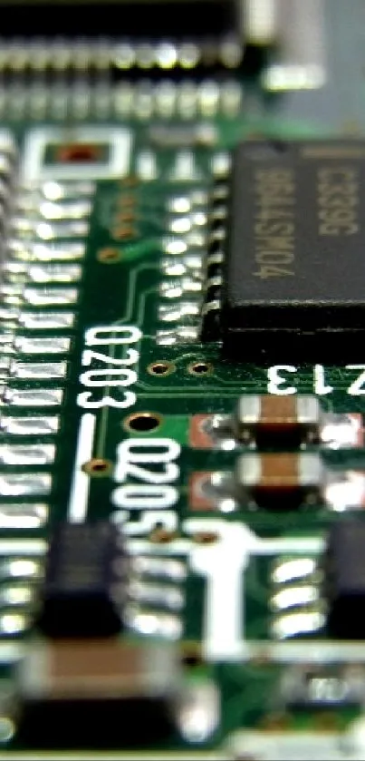 Close-up view of an intricate electronic circuit board showing microchips and components.