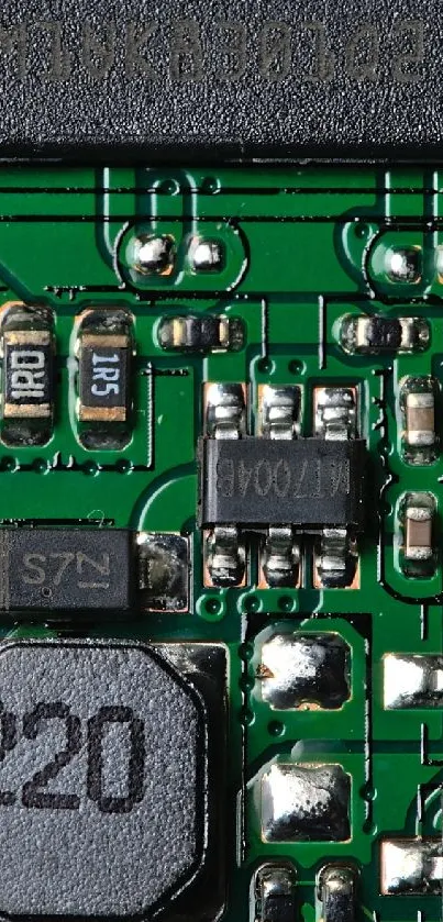 A detailed mobile phone wallpaper showing a green circuit board with electronic components.