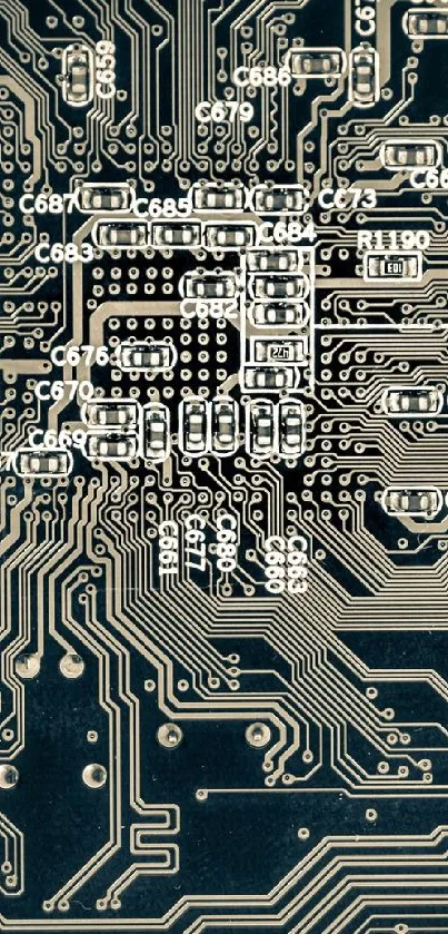 Intricate dark green circuit board wallpaper for mobile.