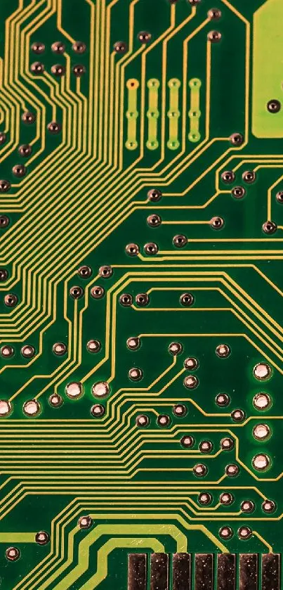 Intricate green and yellow circuit board design wallpaper.