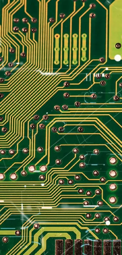 Intricate green circuit board wallpaper with golden patterns.