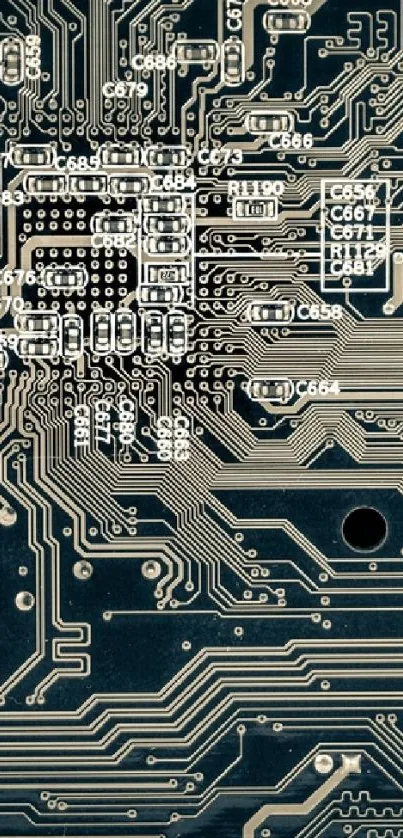 Intricate circuit board pattern wallpaper design.