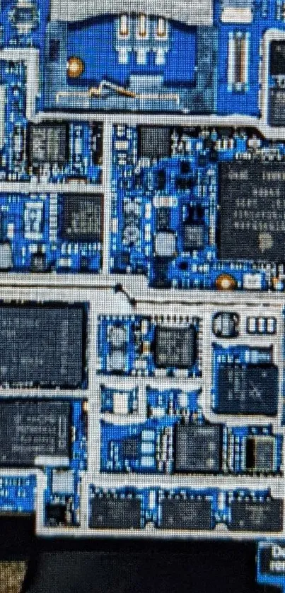 Close-up of a blue mobile phone circuit board, intricate and detailed view.