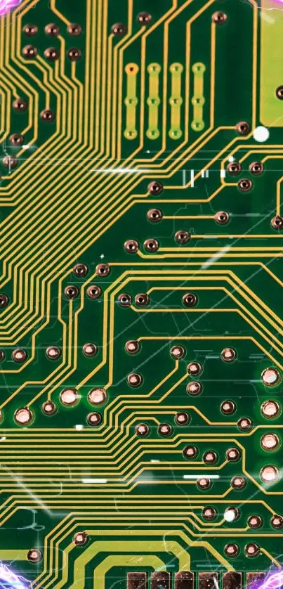 Intricate circuit board design wallpaper with green and gold lines.