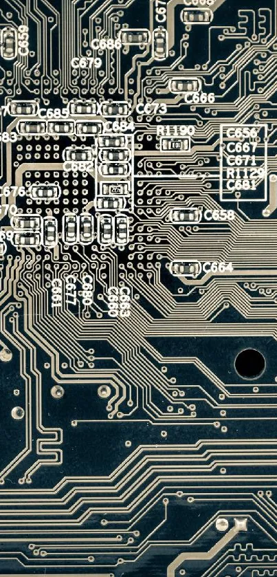 Intricate dark circuit board design wallpaper.