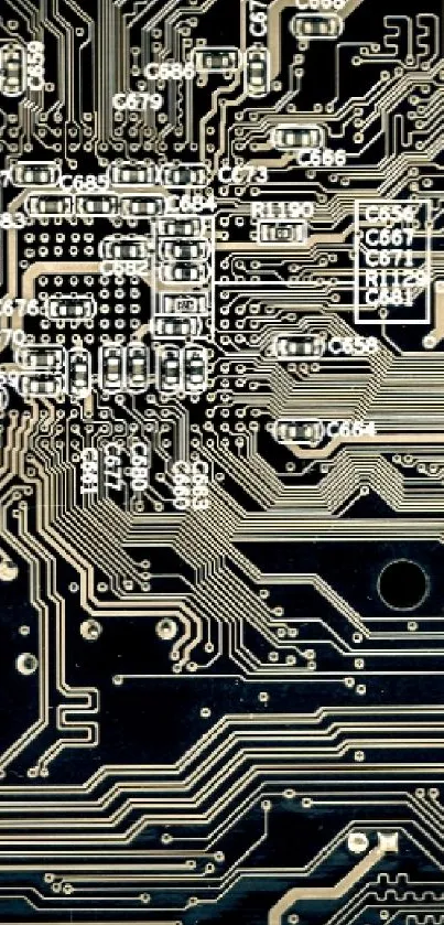 Intricate circuit board design wallpaper for tech-themed phone background.