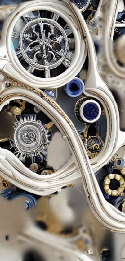 Intricate clockwork design with gears and metallic elements.