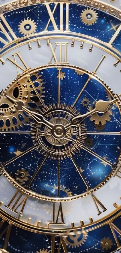 Intricate navy blue clock with gold gears.