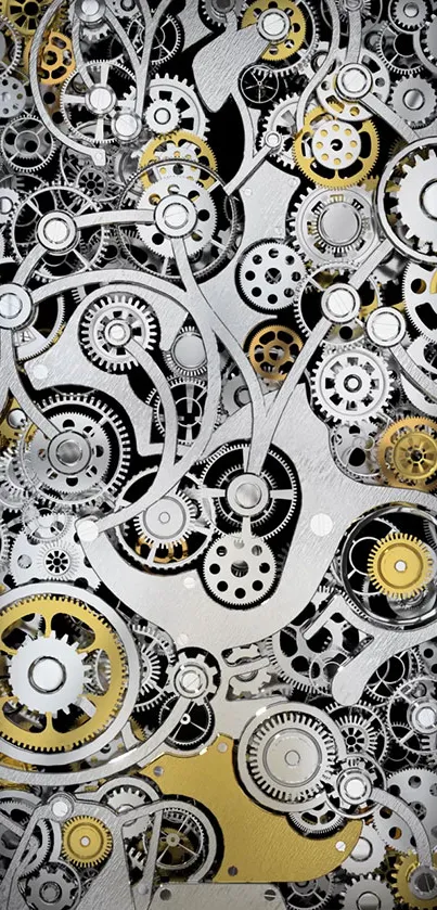 Intricate gears and clockwork mobile wallpaper in silver and gold tones.