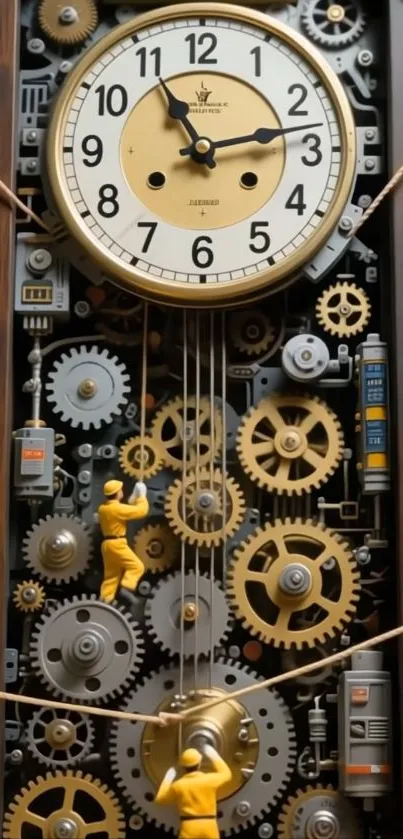 Intricate gears and clockwork mechanisms with miniature figures.