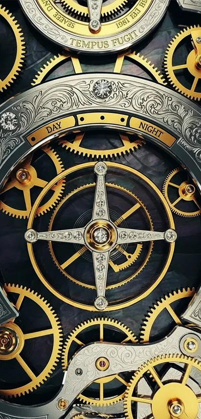 Intricate clockwork design with golden gears and ornate details in a steampunk style.