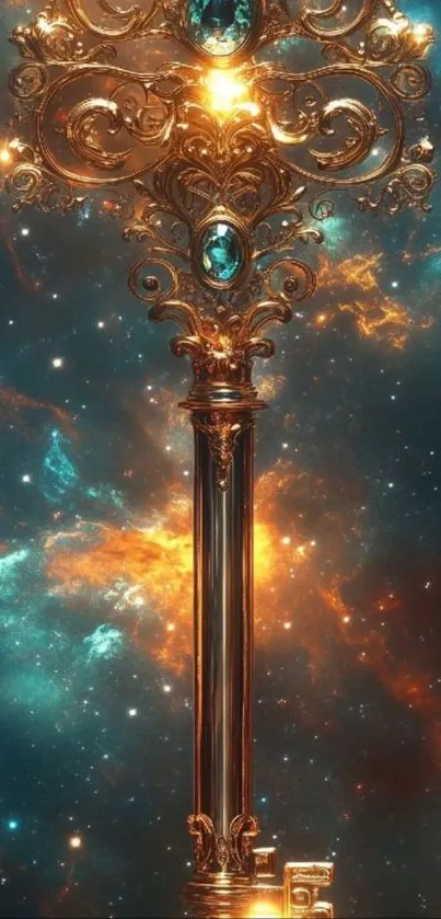 Intricate golden key on cosmic wallpaper background.