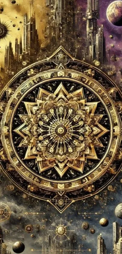 Intricate cosmic mandala with architectural theme.