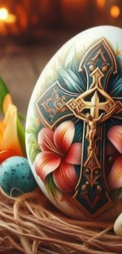 Easter egg with cross and flowers design on mobile wallpaper.