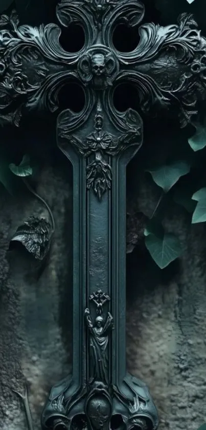 Intricate metal cross surrounded by ivy.