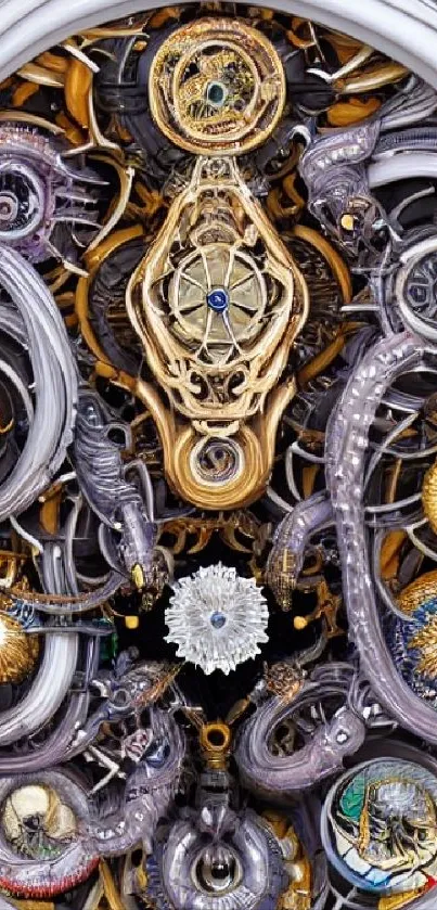 Intricate golden and silver cybernetic gear design wallpaper.