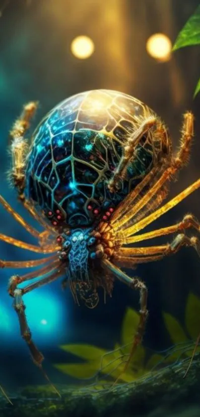 Intricate cybernetic spider with glowing elements in a surreal jungle setting.