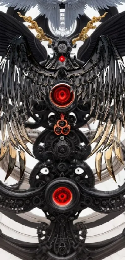 Intricate cyberpunk angel with red accents on a futuristic wallpaper.