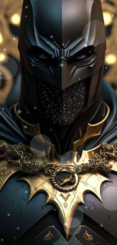 Intricate Batman wallpaper with gold details and gothic design.