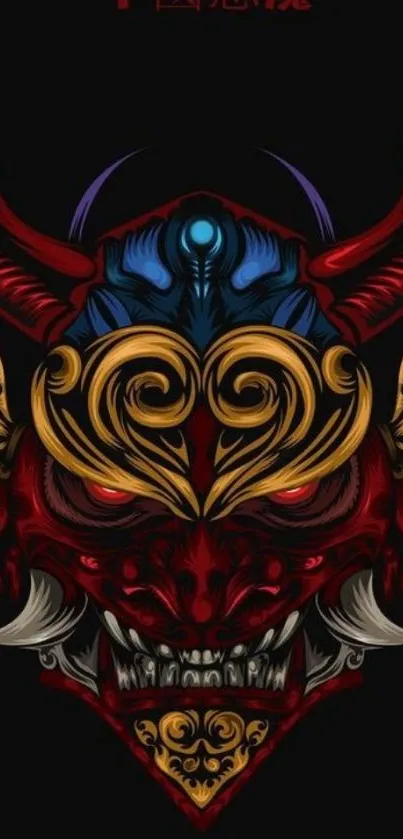 Intricate demon mask in vibrant colors on dark background.