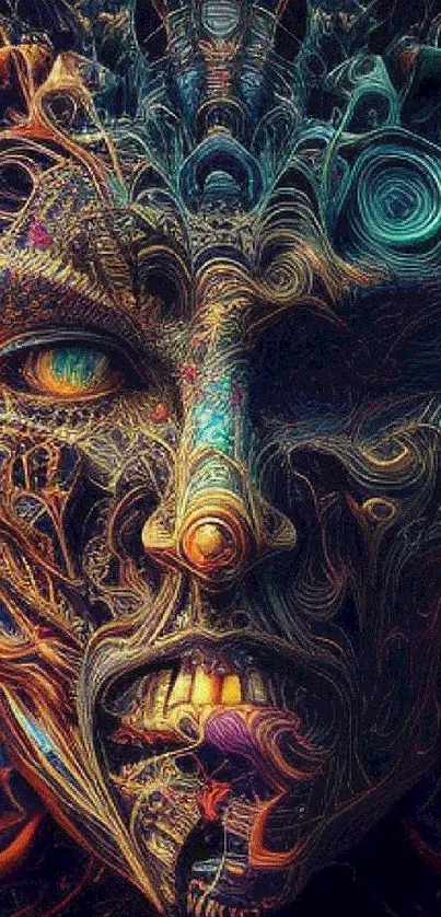 Intricate digital face art with vibrant patterns and cosmic elements.