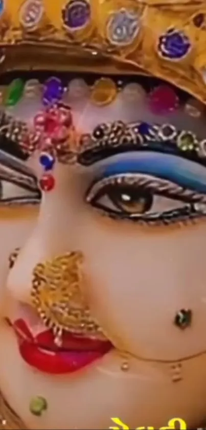 Close-up of a colorful divine sculpture with intricate details.